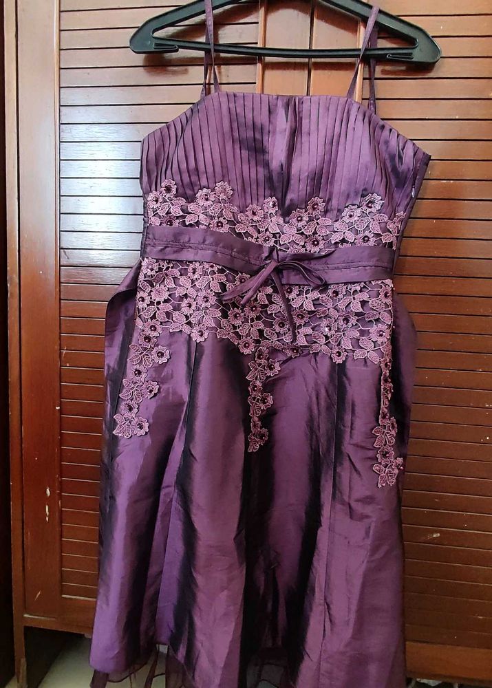 Beautiful Plum Purple Satin Dress with Floral Lace