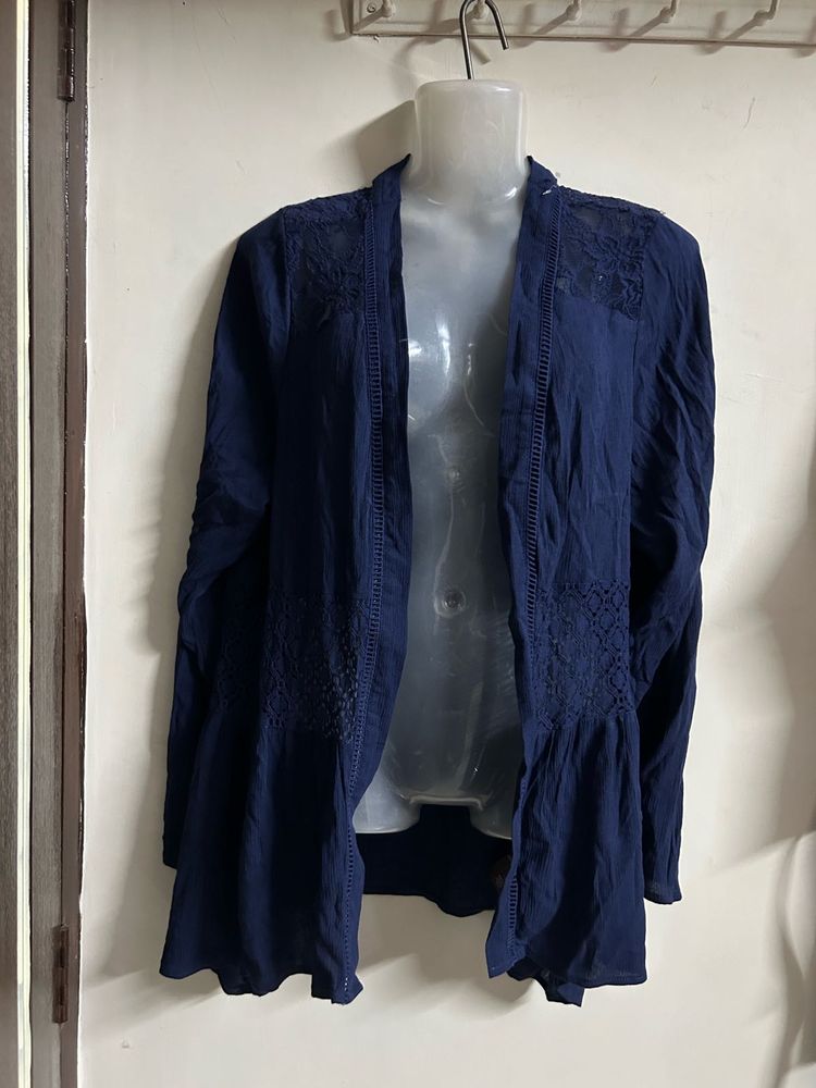 Blue Lace Trim Open Front Cardigan