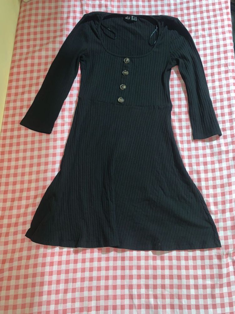 Ribbed Black Button-Up Flare Dress