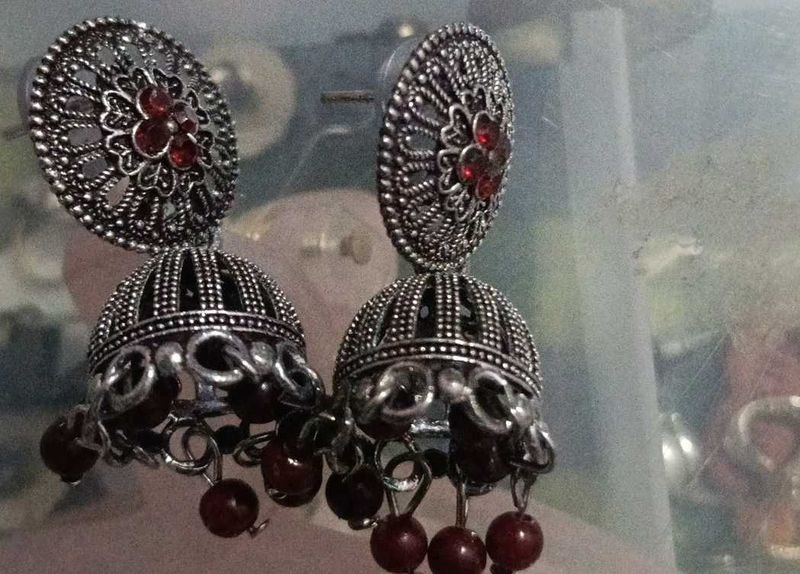 Elegant Jhumka Earrings with Red Beads