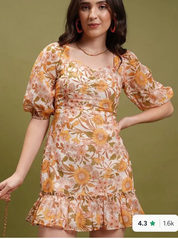 yellow and white floral printed A line dress