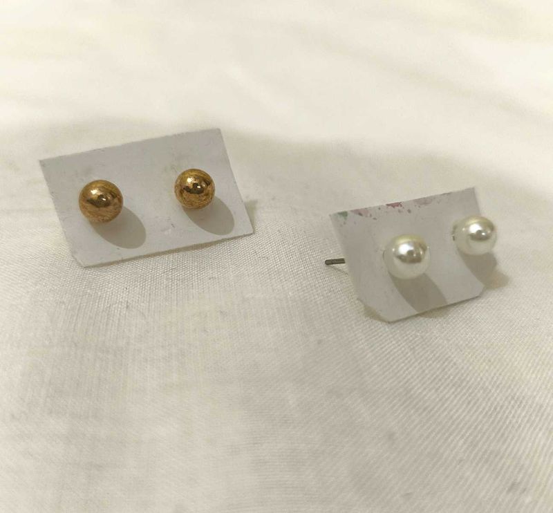 Gold Ball &amp; Pearl Stud Earrings Set