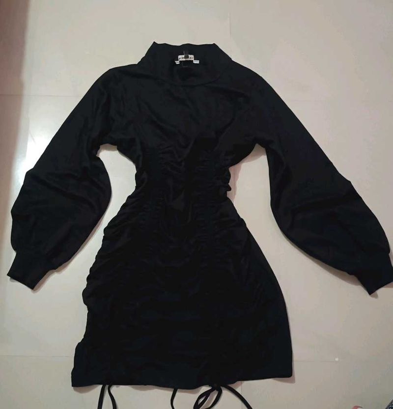Stylish Black Mini Dress with Drawstring Detail