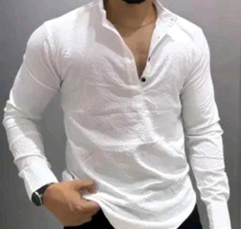 Men's White Textured Band Collar Shirt