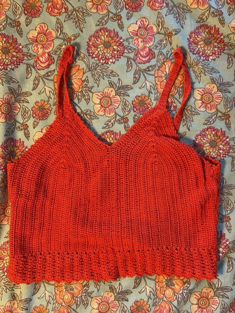 Red Crochet Crop Tank Top