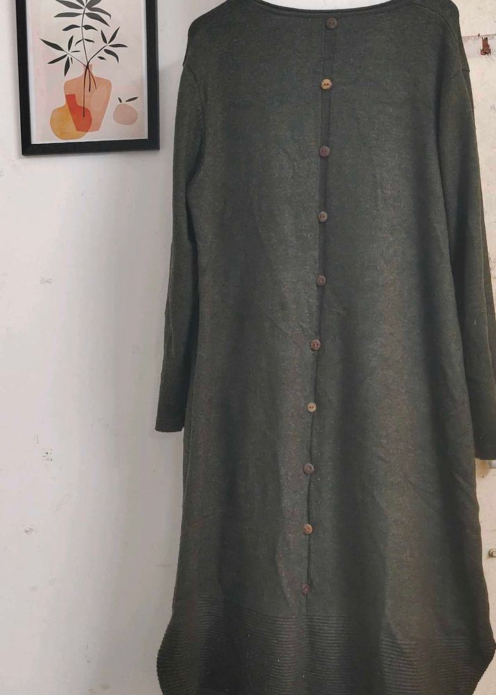 Woolen Olive Green Button-Back Dress