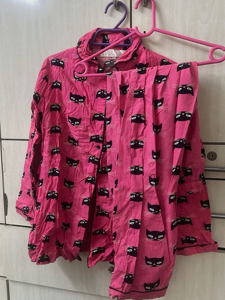 Pink Cat Print Pajama Set