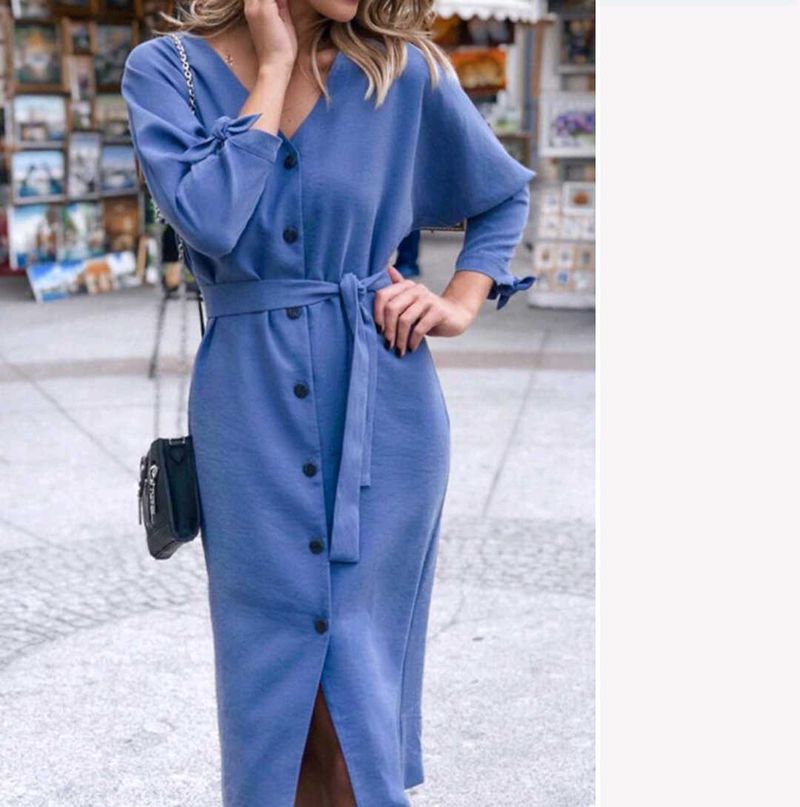 Blue Button-Down Midi Dress with Belt