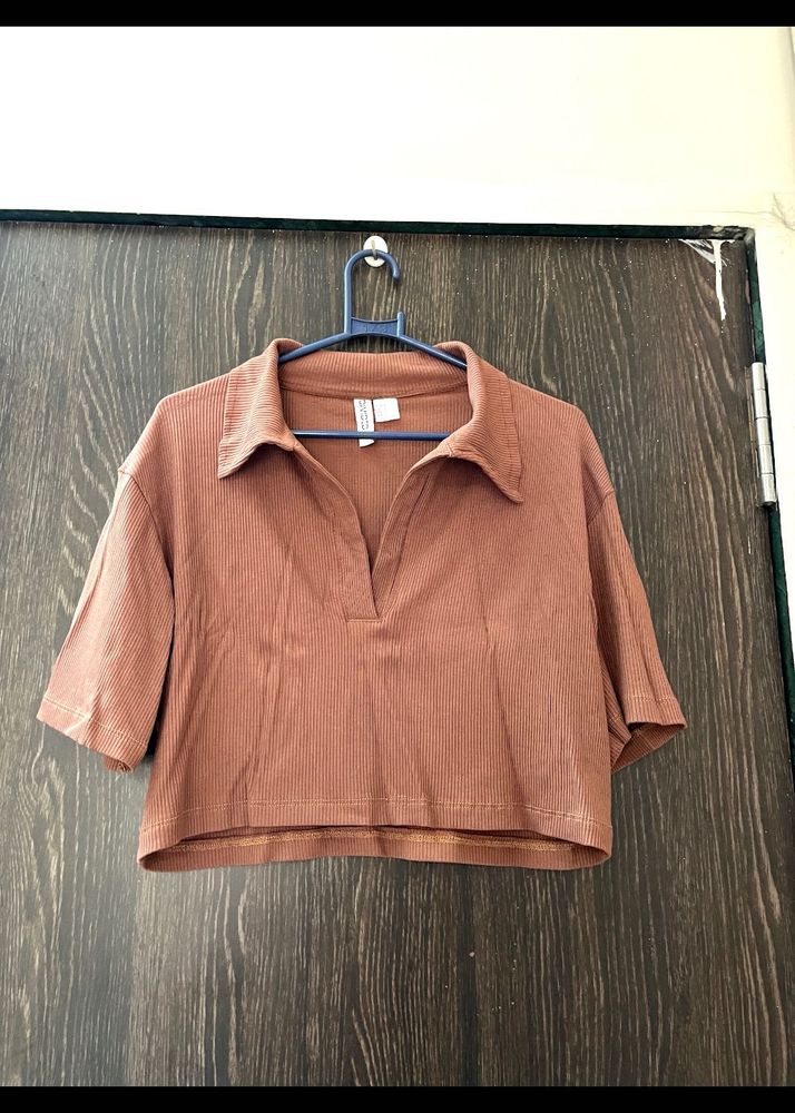 Ribbed Cropped Polo T-Shirt