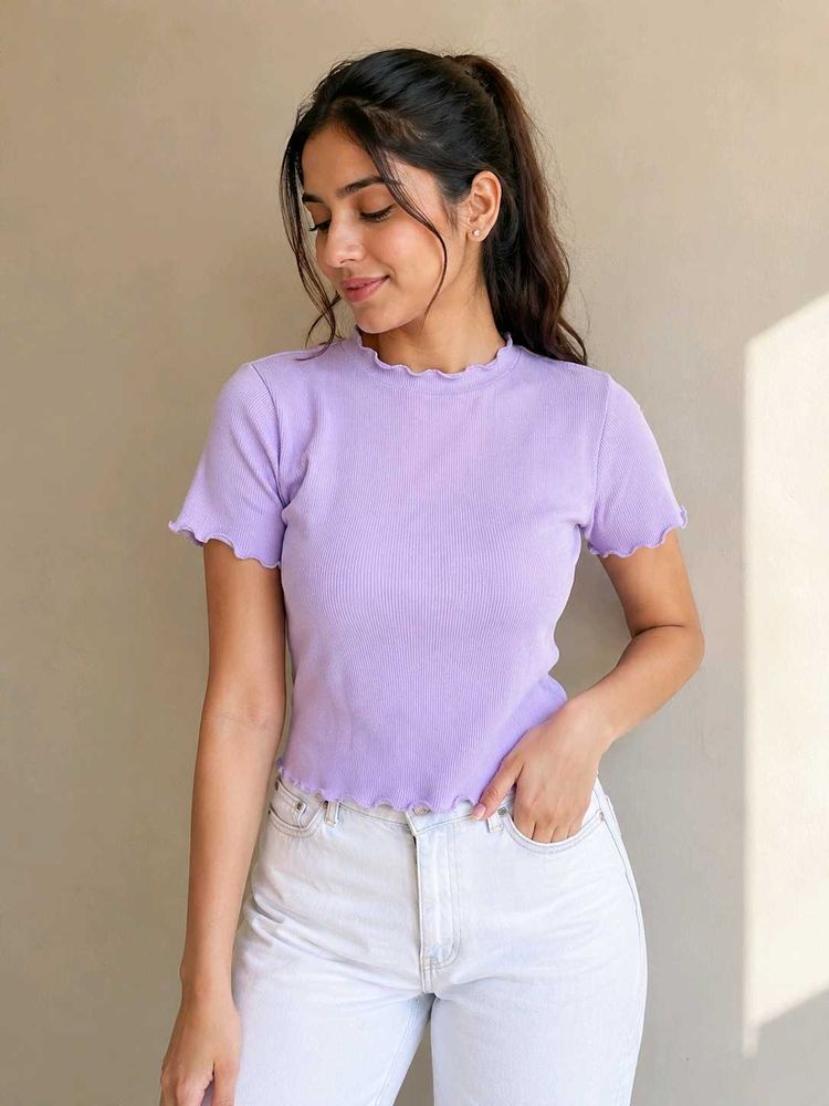 Cute Lavender Ribbed Lettuce Trim Top