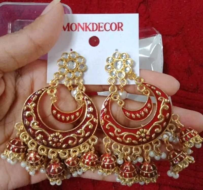 Elegant Red &amp; Gold Jhumka Earrings