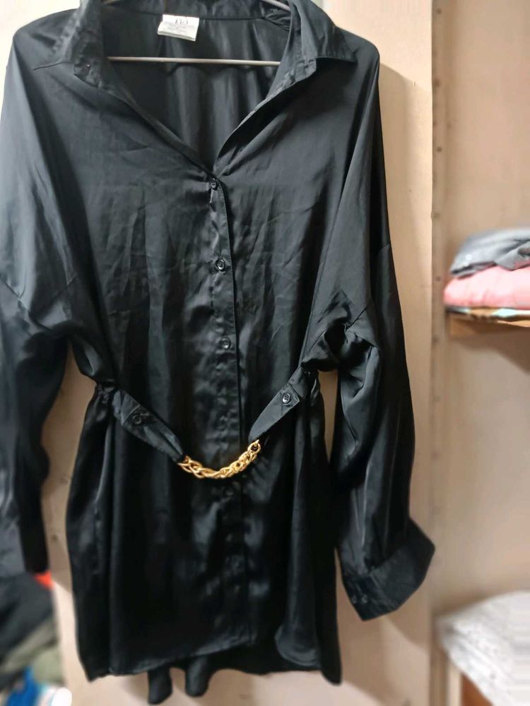 Chic Black Satin Shirt Dress with Chain Belt