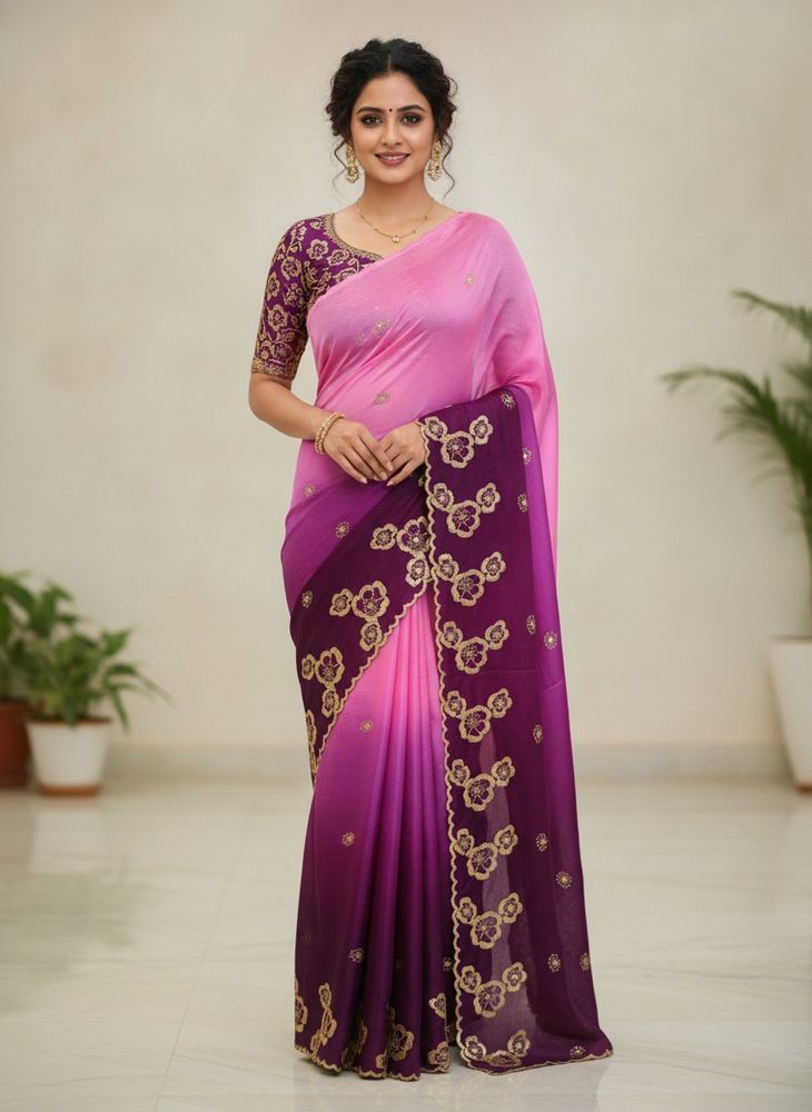 Beautiful Ombre Pink &amp; Purple cut work Saree