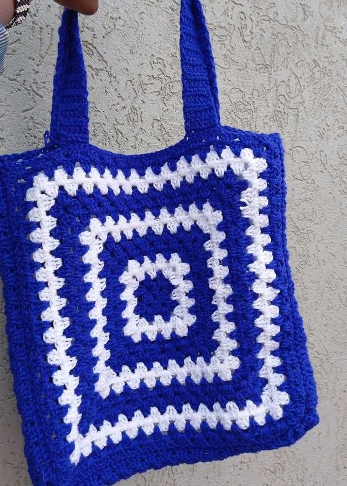 Blue &amp; White Crocheted Tote Bag