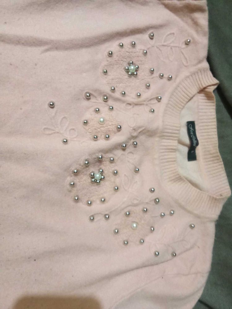 Pearl Embellished Pink Knit Sweater