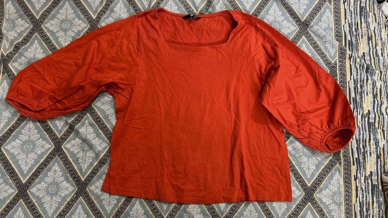 Chic Orange Square Neck Puff Sleeve Top