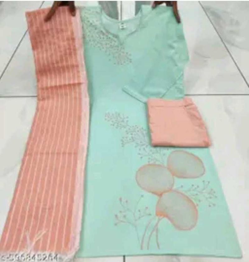 BrandNew KhadiCotton SeaGreenKurtiSetWithPeachCol