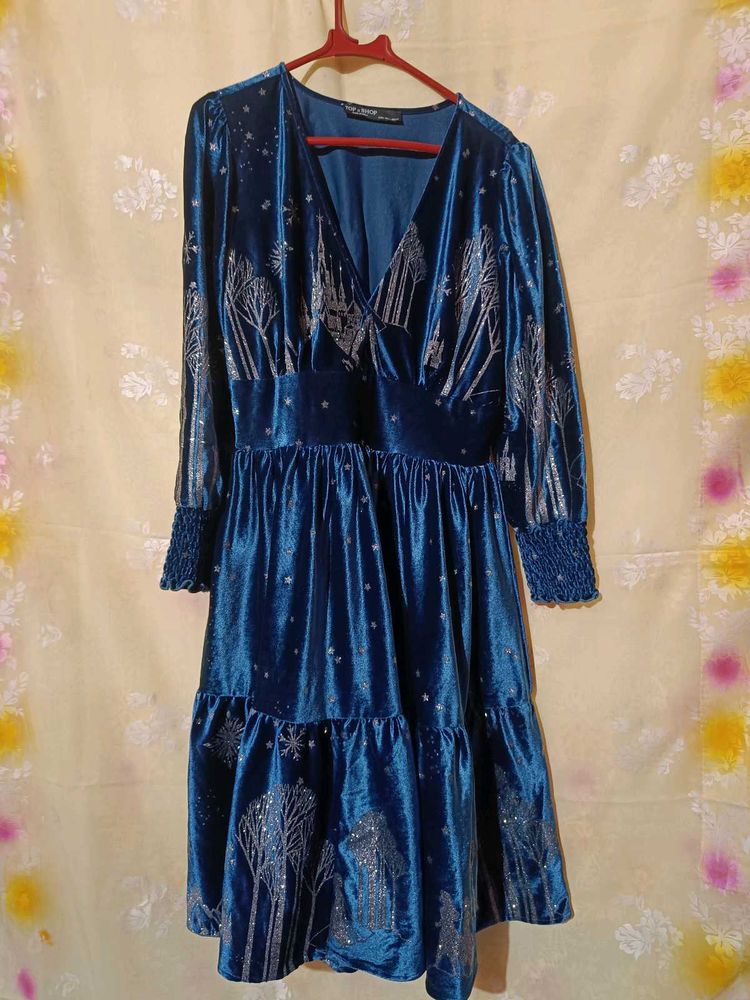 Blue Velvet Print Dress
