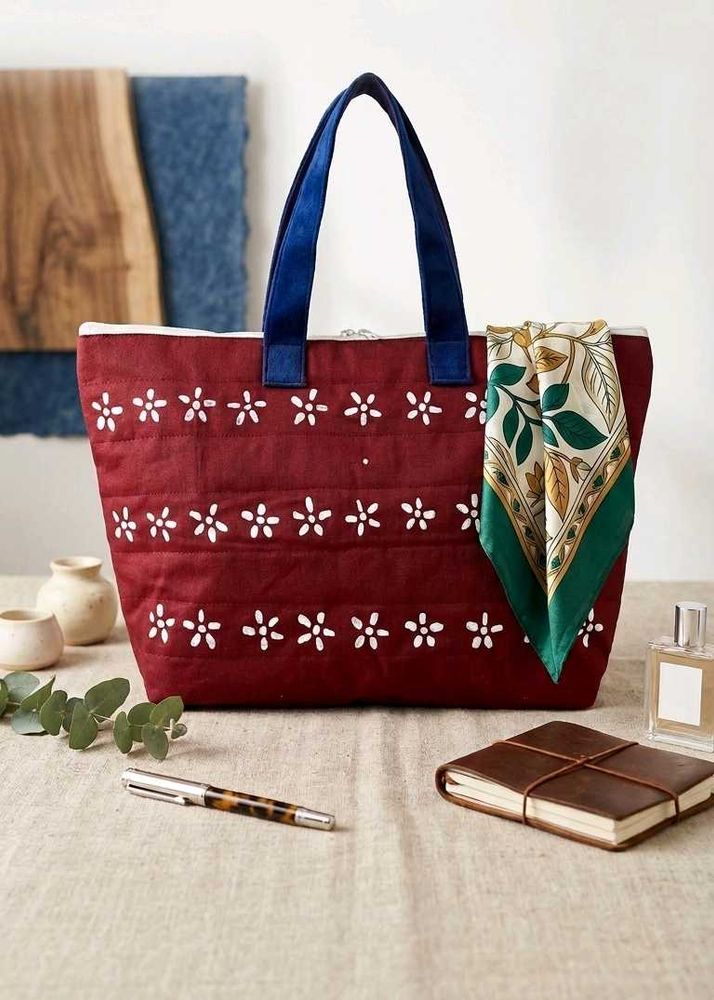 Maroon Tote Bag with Floral Embroidery