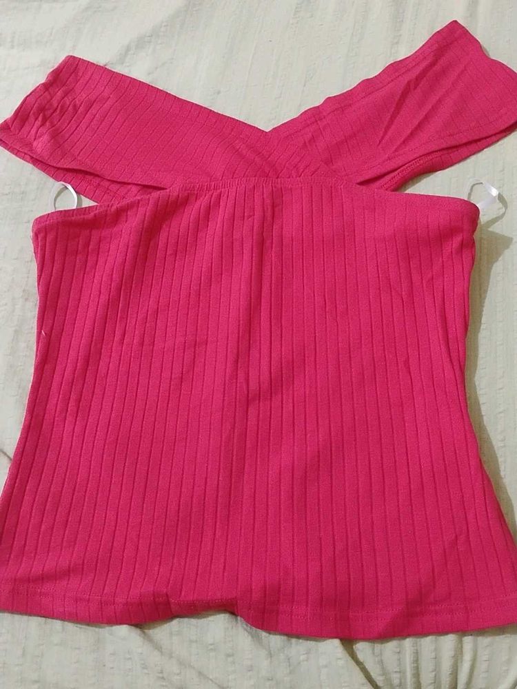 Hot Pink Ribbed Off-Shoulder Top