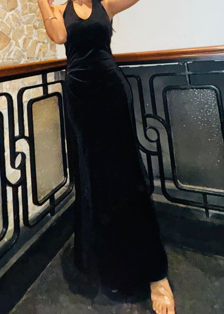 padded Black Velvet Maxi Dress