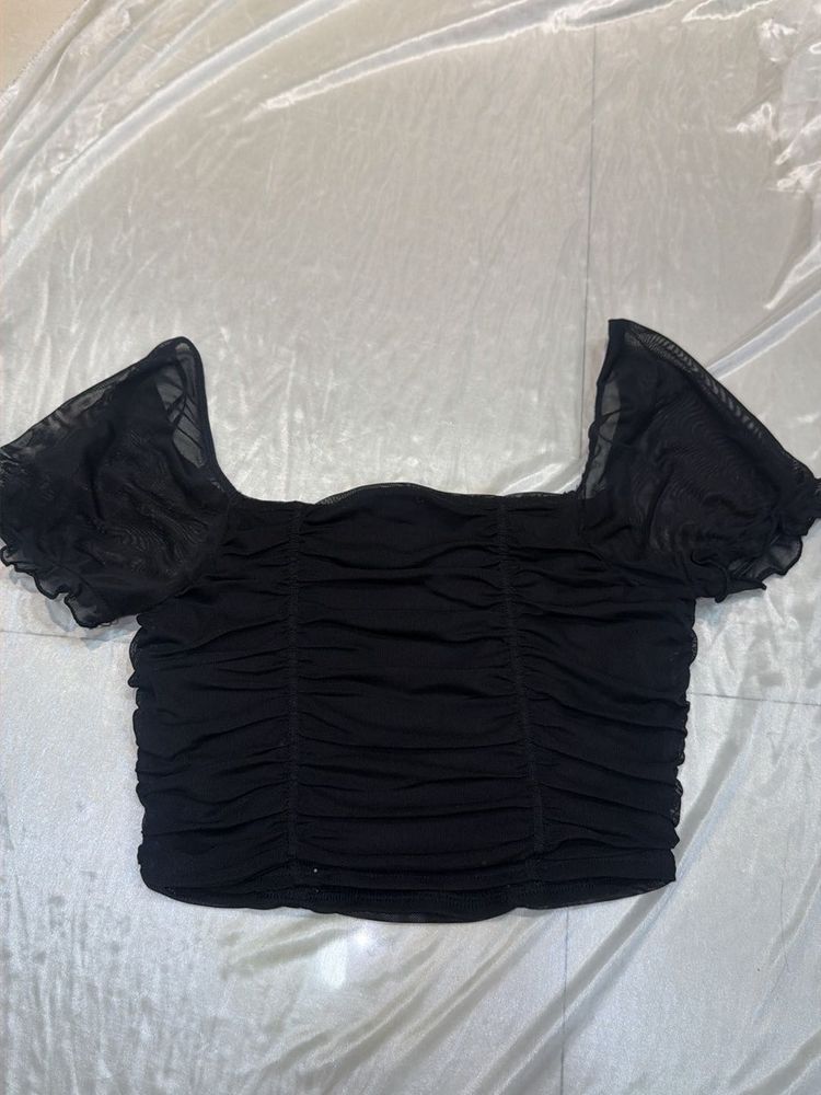 Black Ruched Mesh Top