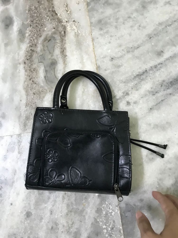 Chic Black Floral and Butterfly Embossed Handbag