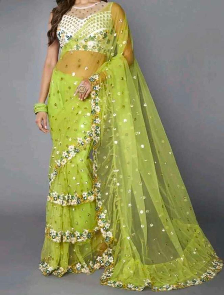 Lime Green Sequin Saree