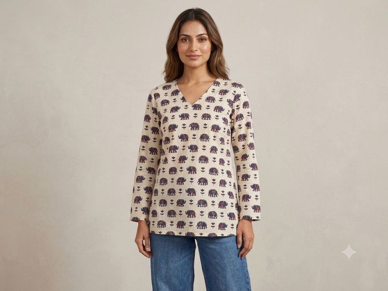 Cream Elephant Print Kurta