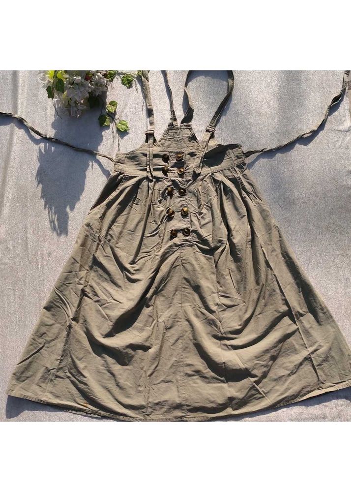 Olive Green Button Front Pinafore Dress