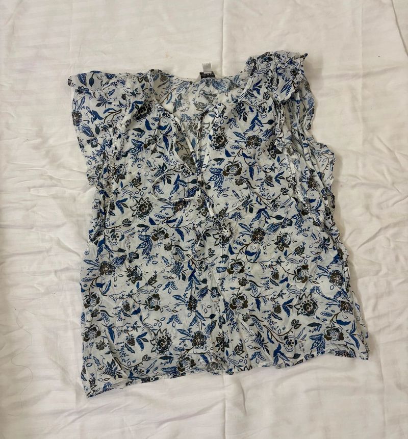 Blue Floral Print V-Neck Top