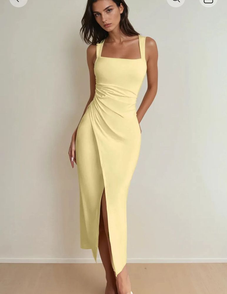 Elegant Yellow Ruched Midi Dress