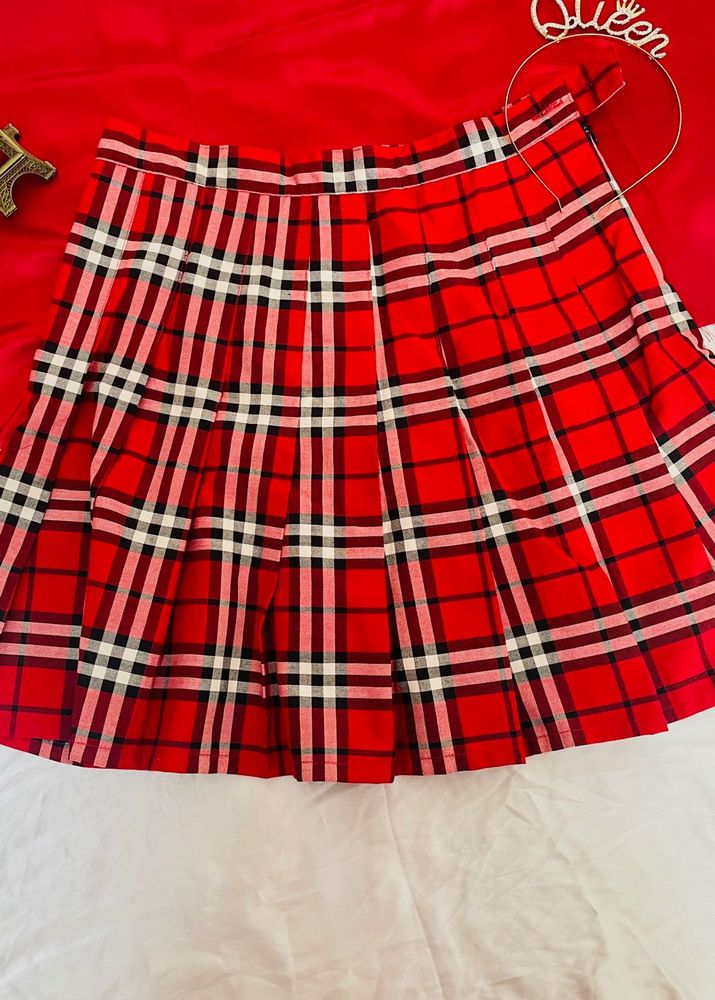 Red Plaid Pleated Skirt