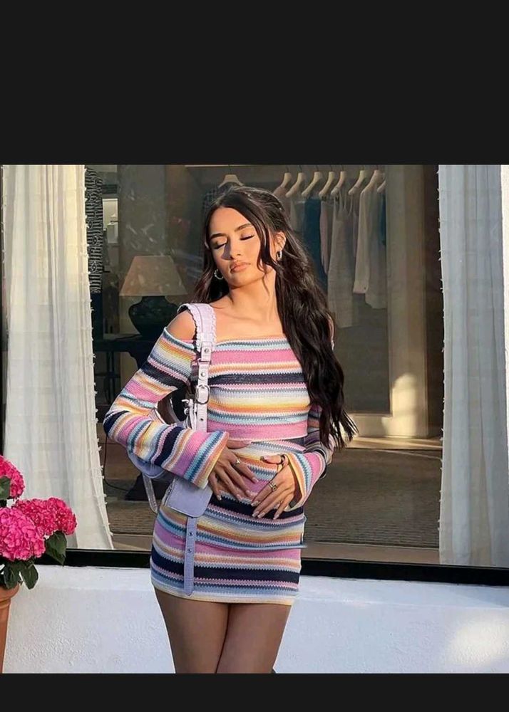 Striped Knit off shoulder Mini Dress