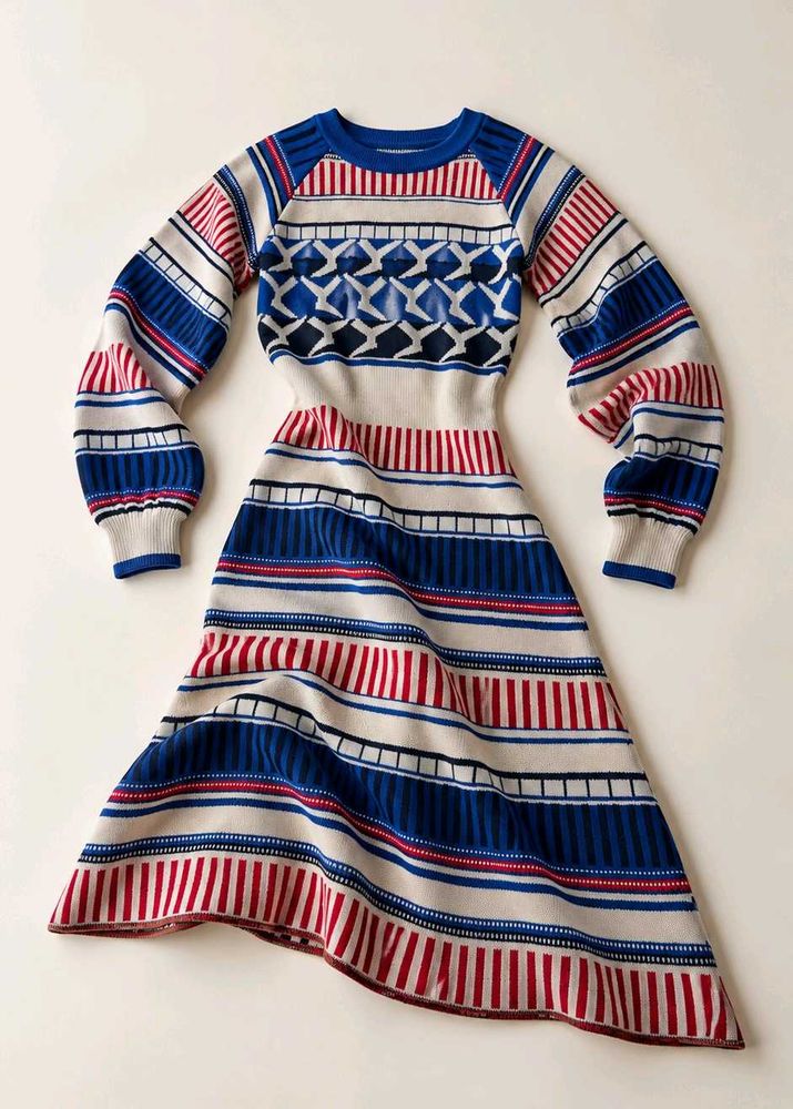 BLUE RED &amp; WHITE GEOMETRIC KNIT DRESS