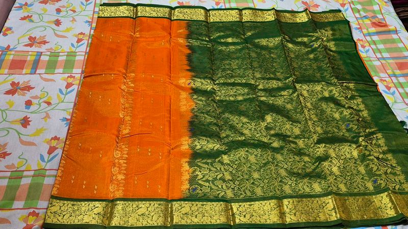 Vibrant Orange &amp; Green Saree with Gold Border