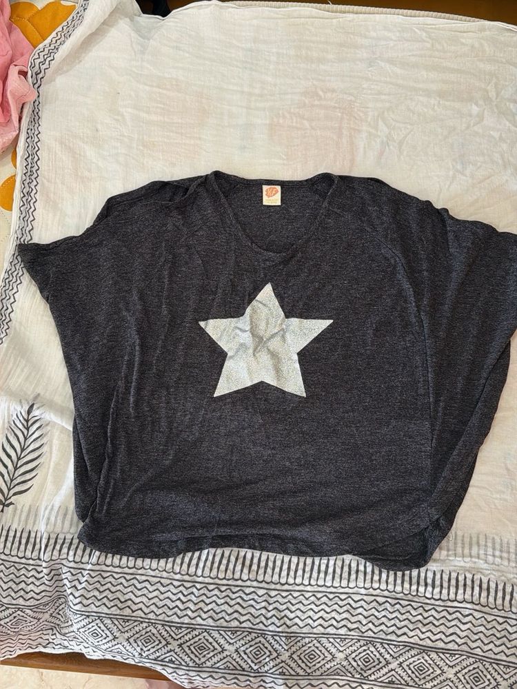 Grey Star Print Oversized T-Shirt