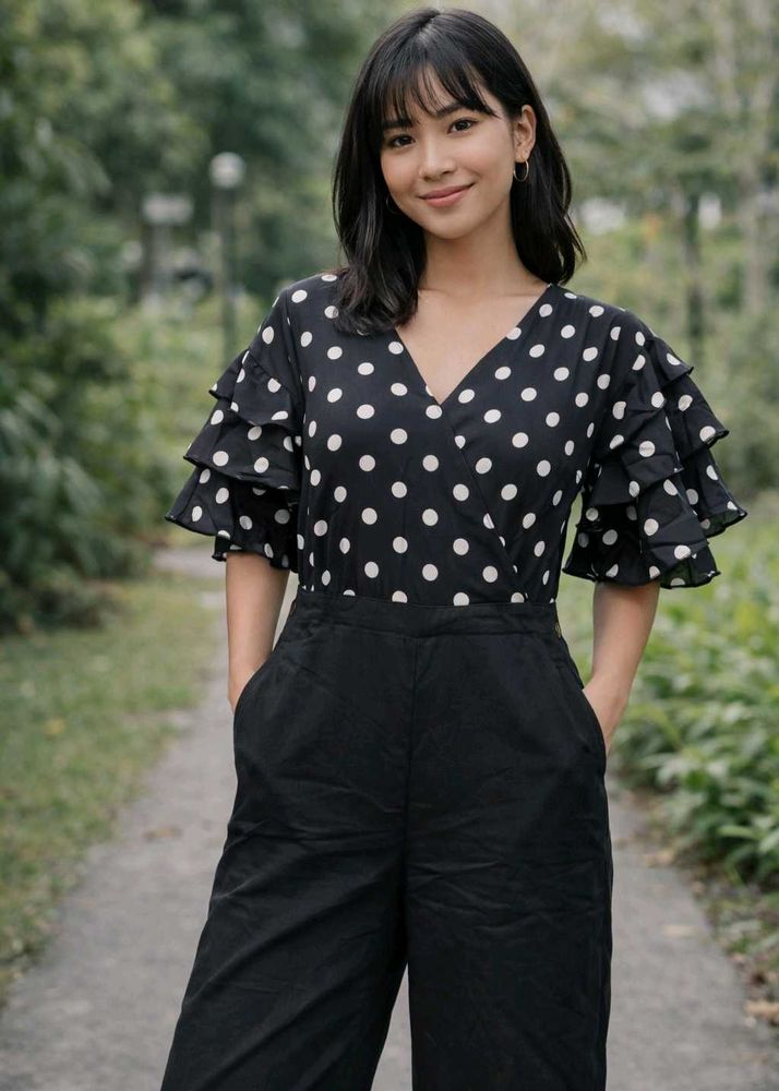Chic Polka Dot Ruffle Sleeve Top
