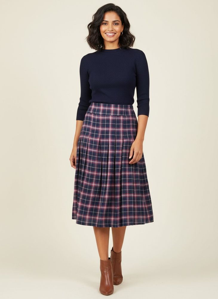 Plaid Pleated Midi Skirt