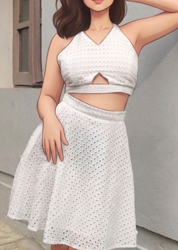 beach wear Chic White Eyelet Crop Top &amp; Skirt Set