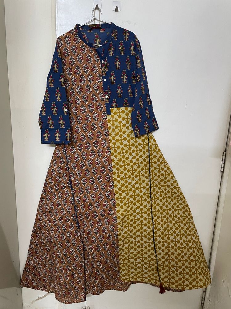 Mustard Yellow And Blue Coloured Cotton Anarkali K