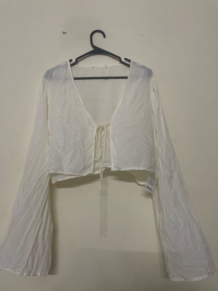 White Tie-Front Bell Sleeve Crop Top