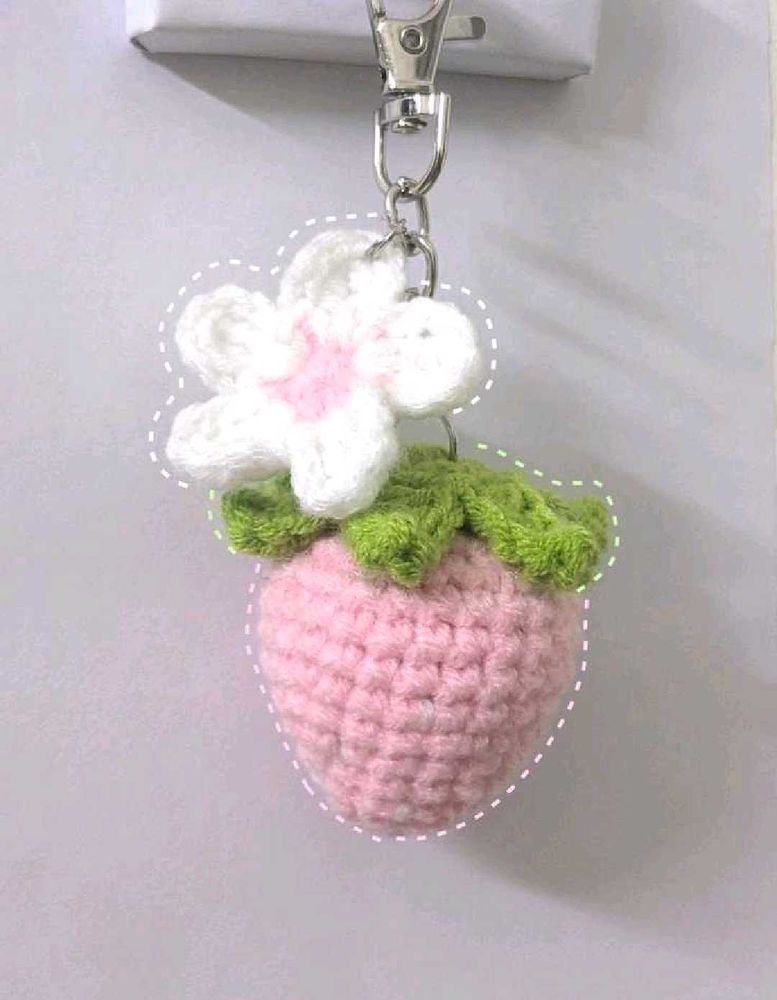 Cute Crochet Strawberry Flower Keychain