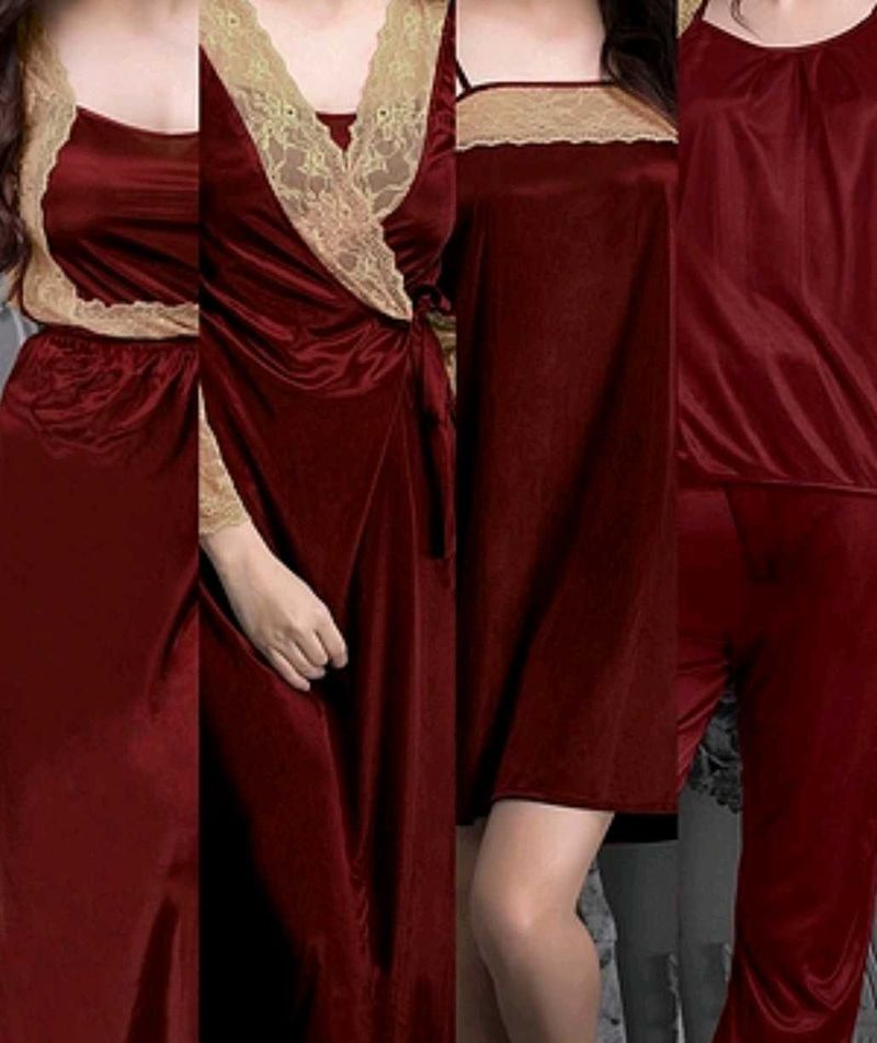 Clovia Silky Burgundy 5 pc Lingerie Set
