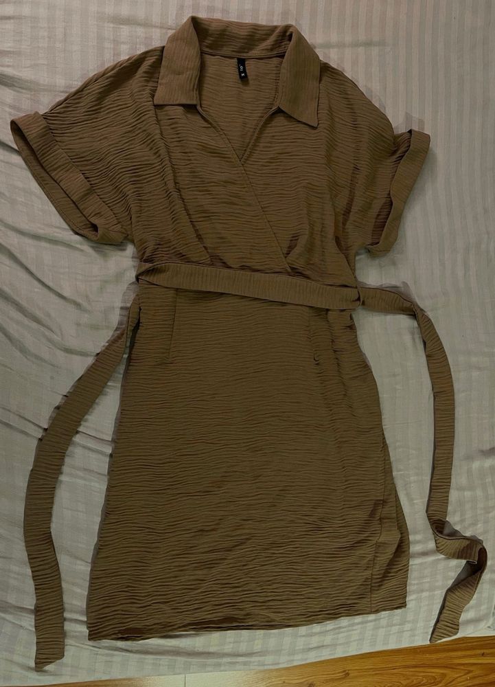 Beige Tan BodyHug Wrap Dress