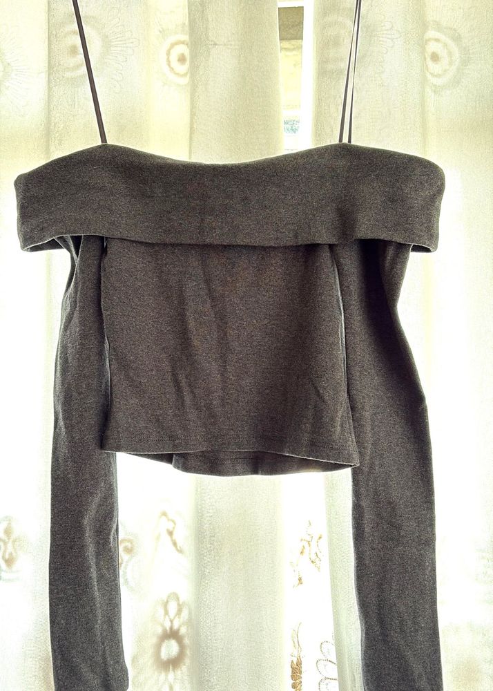 Gray Off-Shoulder Long Sleeve Top