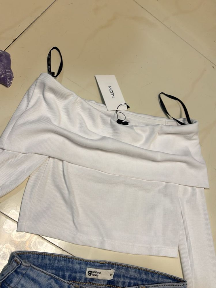Nuon White Ribbed Off-Shoulder Cotton Top