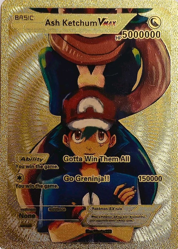 Rare Ash Ketchum VMAX Gold Pokemon Card 5000000 HP
