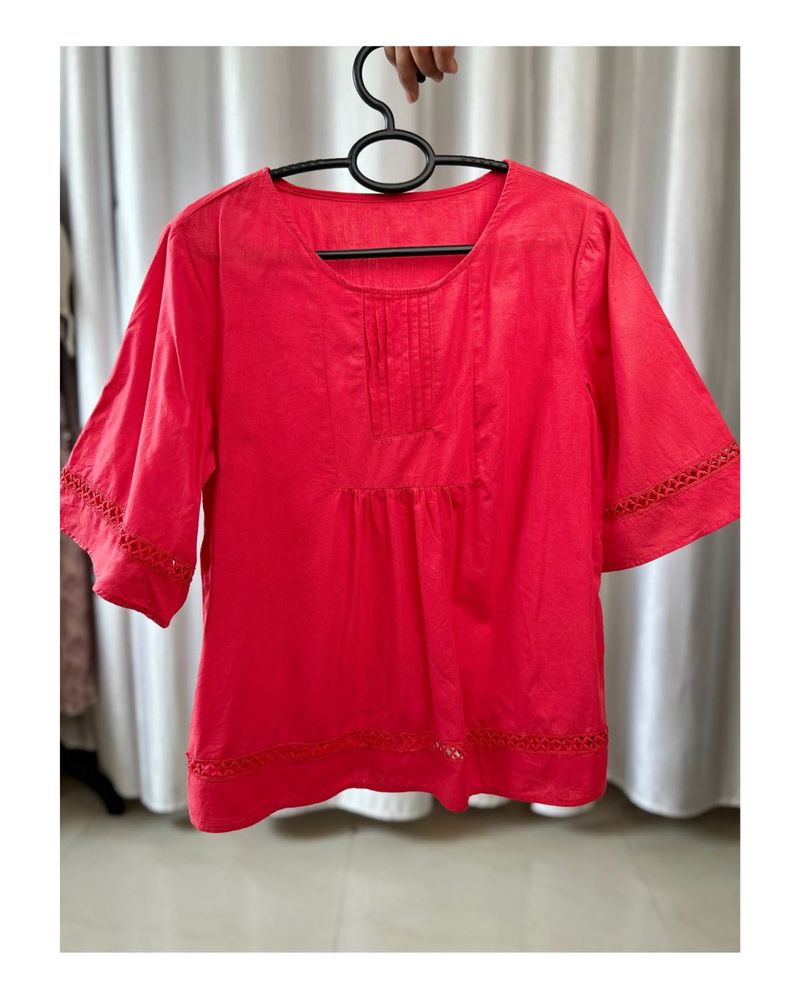 Vibrant Red Cotton Kurti with Lace Detail