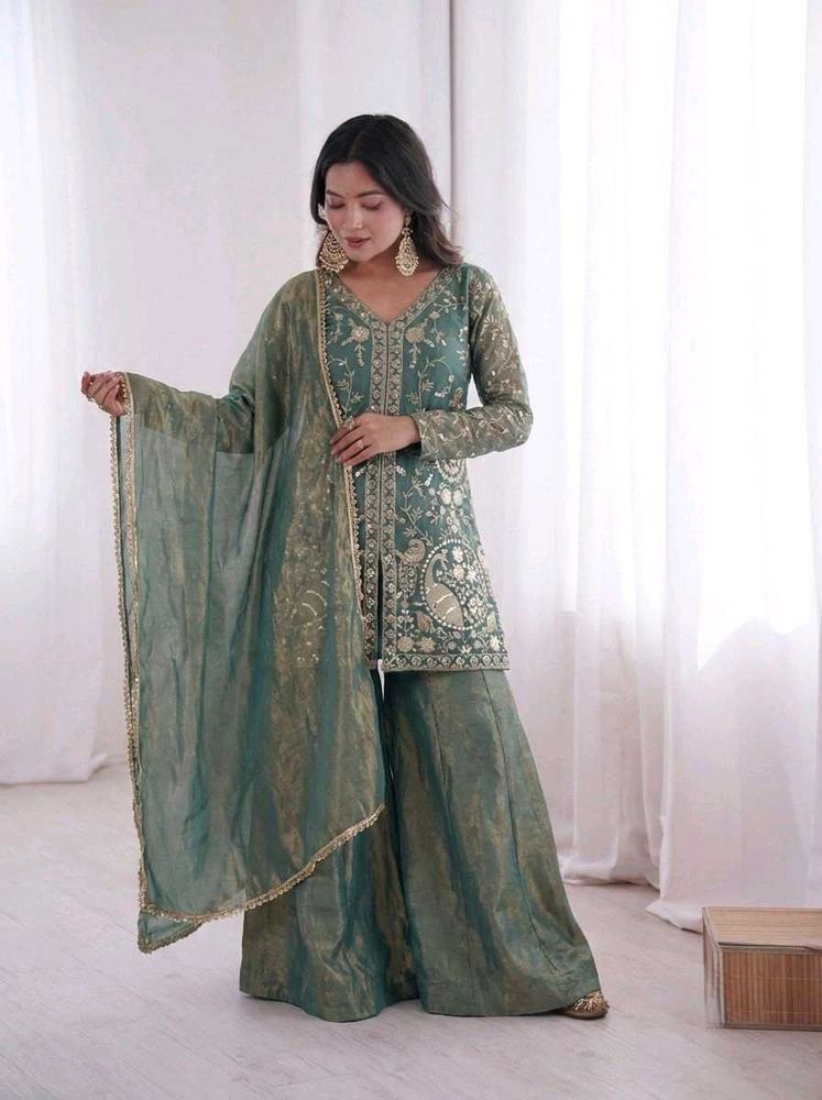 Elegant Green Embroidered Kurta Sharara Set